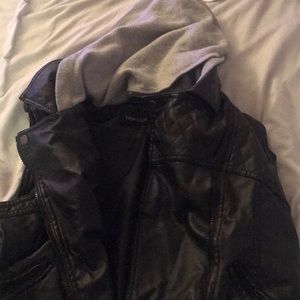 Black Leather Vest with Grey Hood